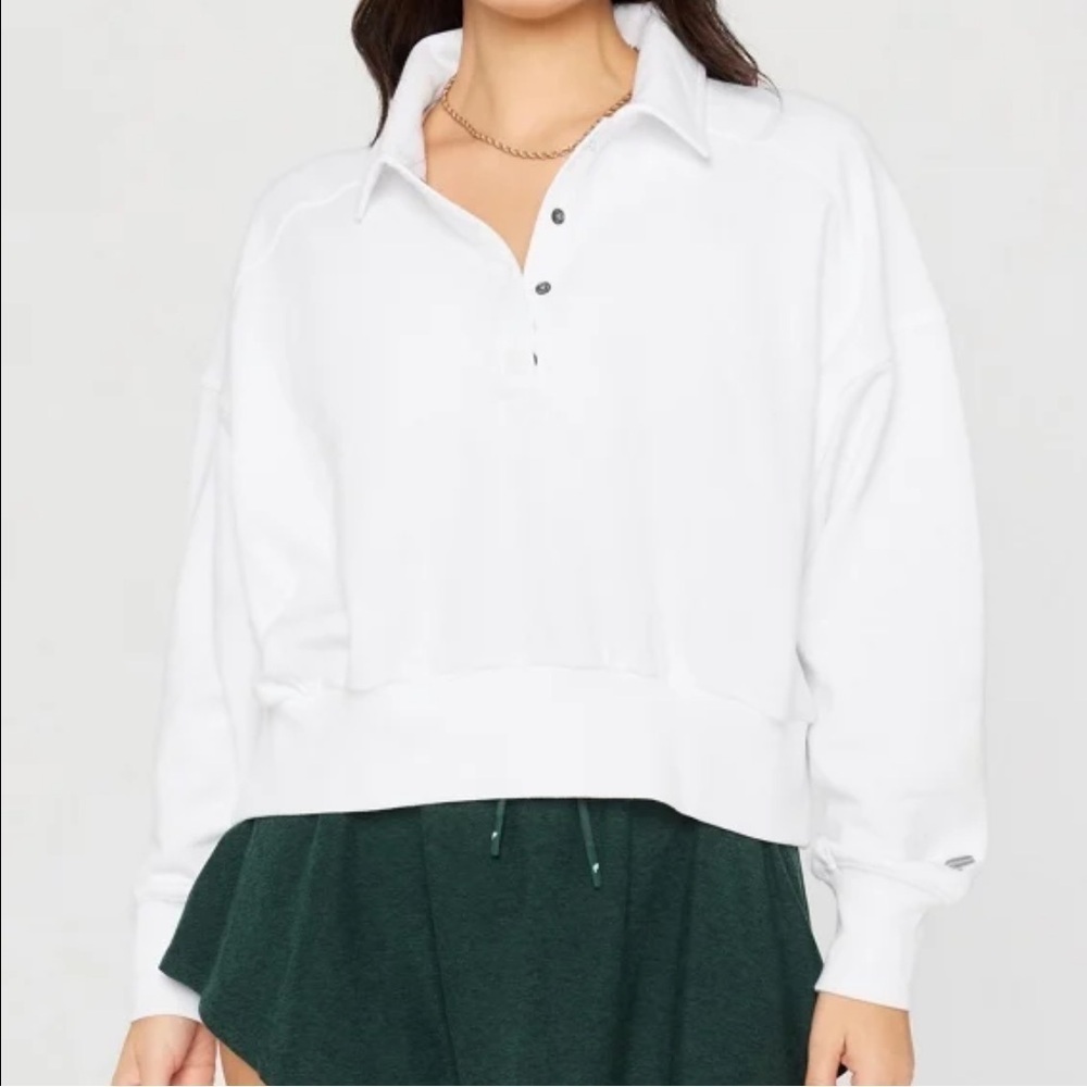 Fabletics White Year Round Terry Front Snap Sweatshirt